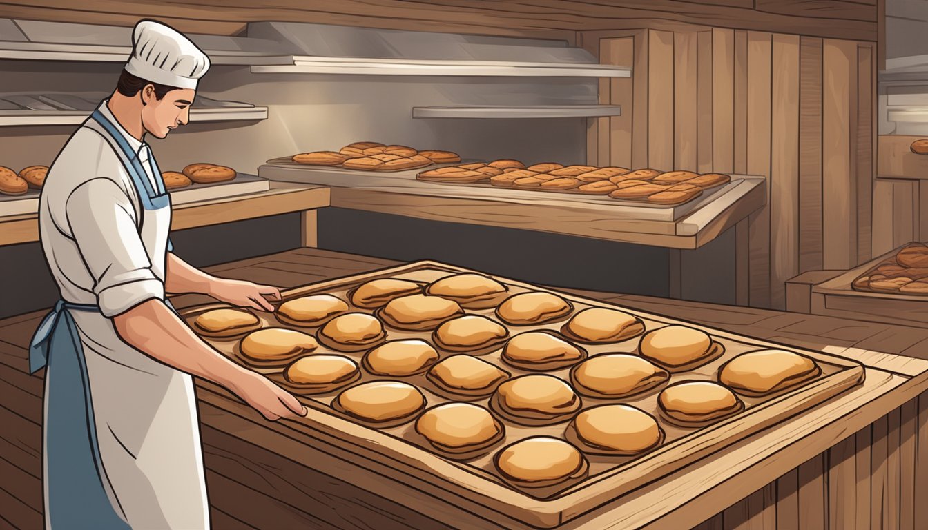 A baker places freshly baked Texas sausage kolaches on a wooden tray