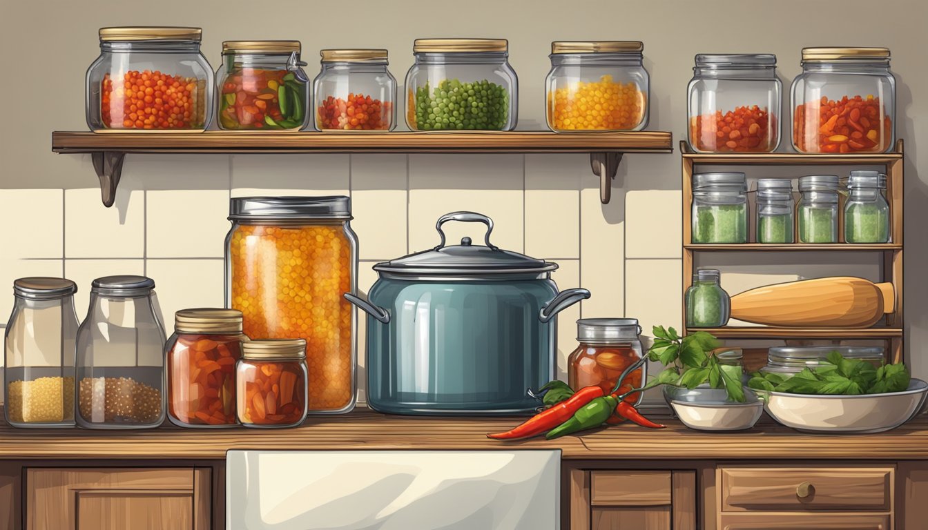 A rustic kitchen with shelves of canned ingredients, a bubbling pot of hot chili on the stove, and a stack of glass jars for preserving