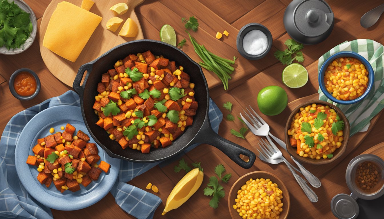 A sizzling cast iron skillet holds a smoky sweet potato chorizo and corn hash, with the Lone Star State's essence infused in the colorful and aromatic dish