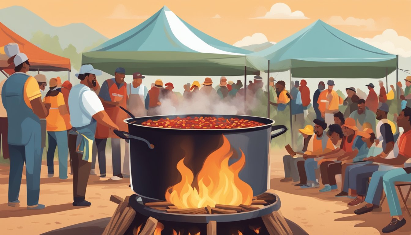 A steaming pot of spicy Texas chili simmers over a crackling campfire at a chili cook-off competition. A crowd gathers to watch the chefs prepare their fiery concoctions