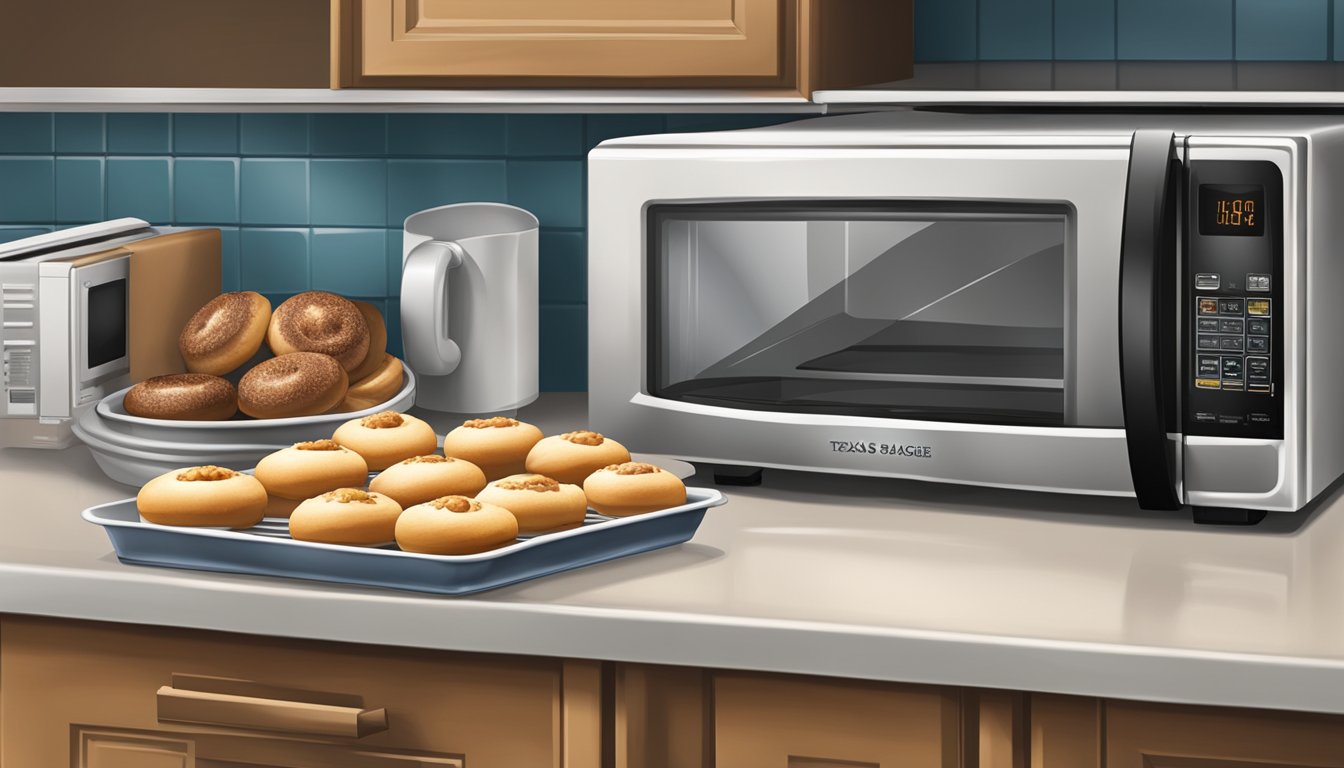 A kitchen counter with a tray of freshly baked Texas sausage kolaches and a microwave for reheating