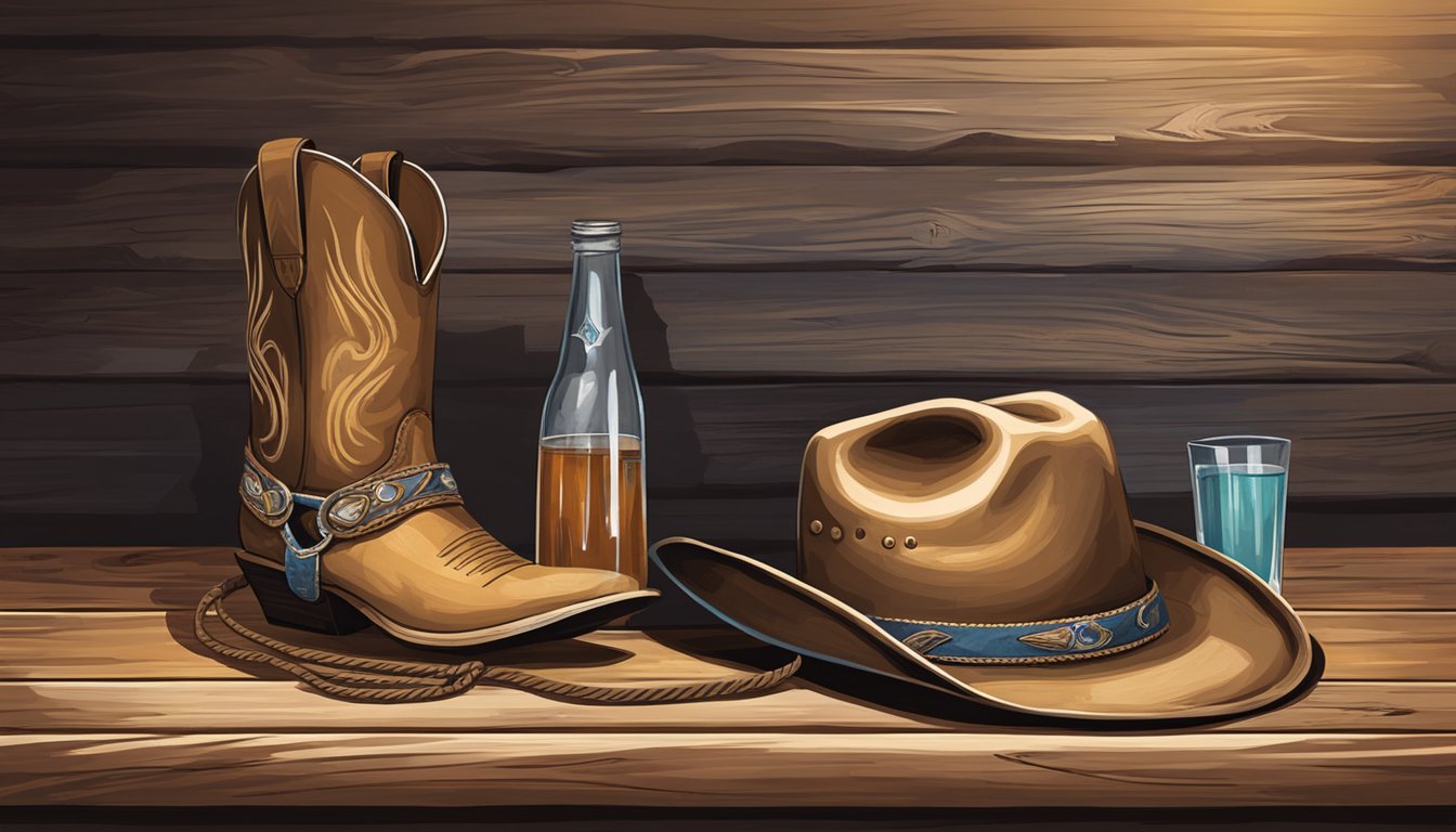 A rustic cowboy hat rests on a weathered wooden table, surrounded by a lasso, a pair of worn cowboy boots, and a tall glass filled with a refreshing beverage