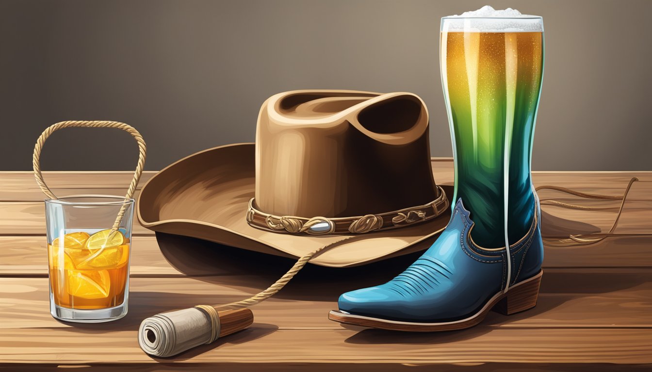 A cowboy hat rests on a wooden table, surrounded by a lasso, a pair of boots, and a glass filled with a refreshing drink