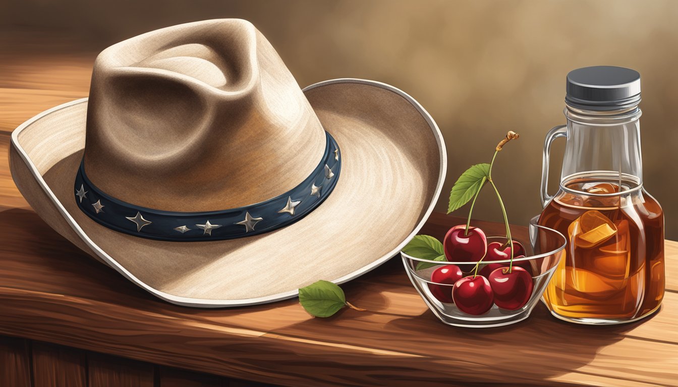 A cowboy hat rests on a wooden bar top, surrounded by a jar of cherries, a bottle of bourbon, and a pitcher of iced tea