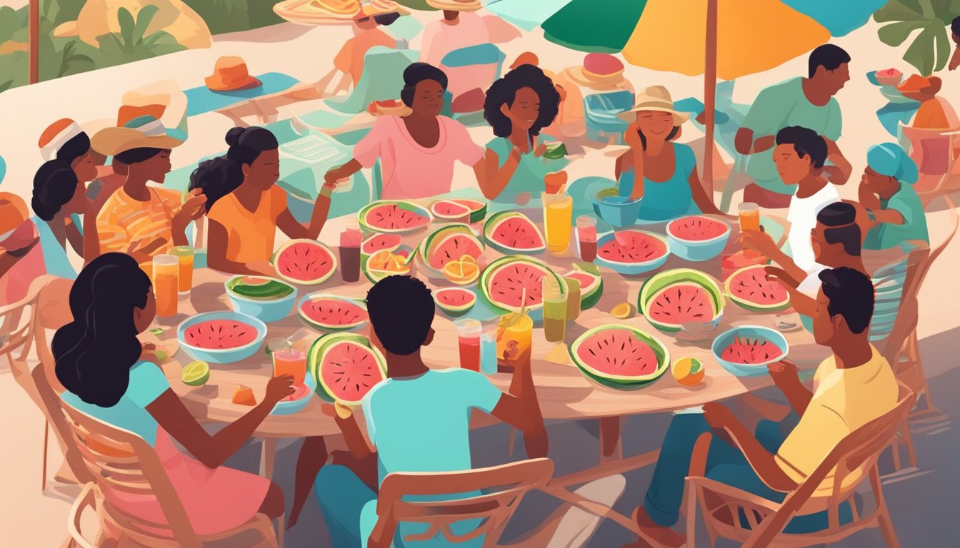 A table filled with colorful watermelon dishes and drinks, surrounded by people enjoying the refreshing treats under the hot Texas sun