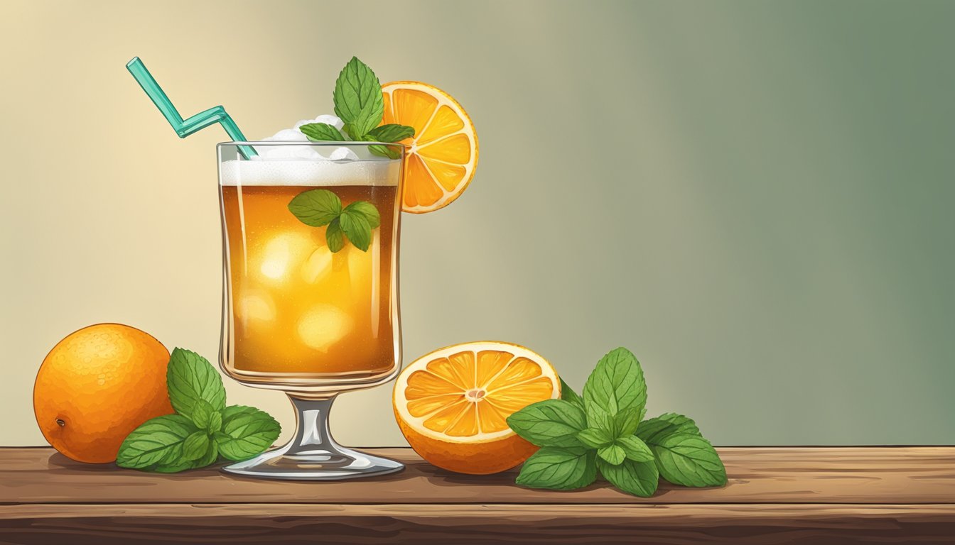 A glass filled with a frothy, amber-colored beverage, garnished with a slice of orange and a sprig of fresh mint, sitting on a rustic wooden table