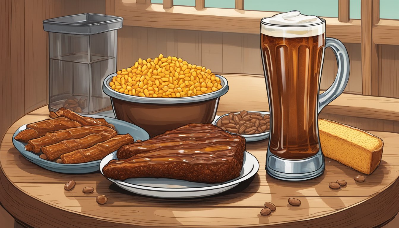 A cowboy boot-shaped glass filled with Texas Roadhouse Cowboy Quencher, surrounded by a platter of BBQ ribs, cornbread, and baked beans