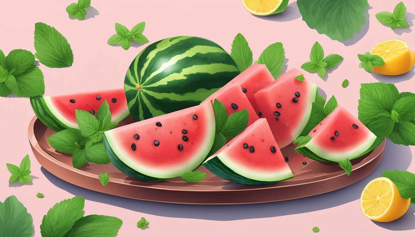 A watermelon sliced into wedges with a sprinkle of mint leaves, arranged on a chilled platter