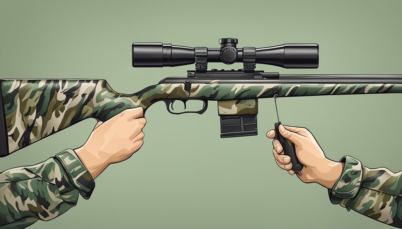 A hunter's hands tying a camouflage bow onto a rifle