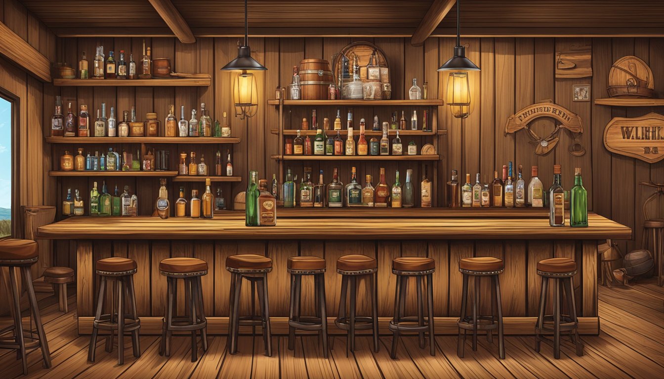 A rustic wooden bar with cowboy-themed decor, lined with bottles of whiskey and cocktail ingredients, surrounded by leather bar stools