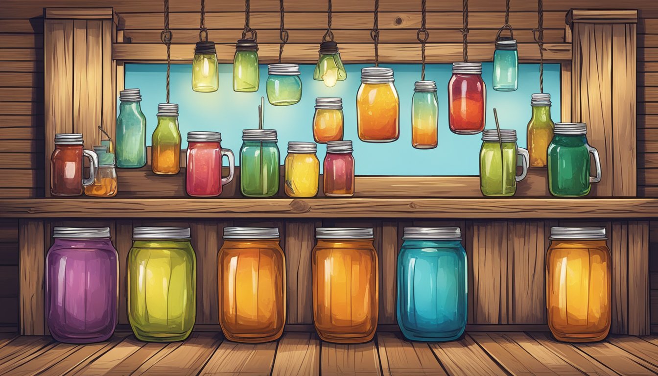 A rustic wooden bar with a row of mason jars filled with a refreshing, colorful beverage. A cowboy hat hangs on a hook in the background