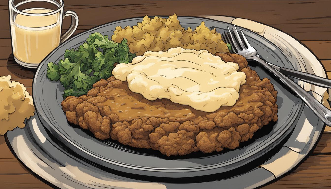 A sizzling cast iron skillet holds a golden-brown chicken fried steak, surrounded by a mound of creamy mashed potatoes and a pool of rich, savory gravy