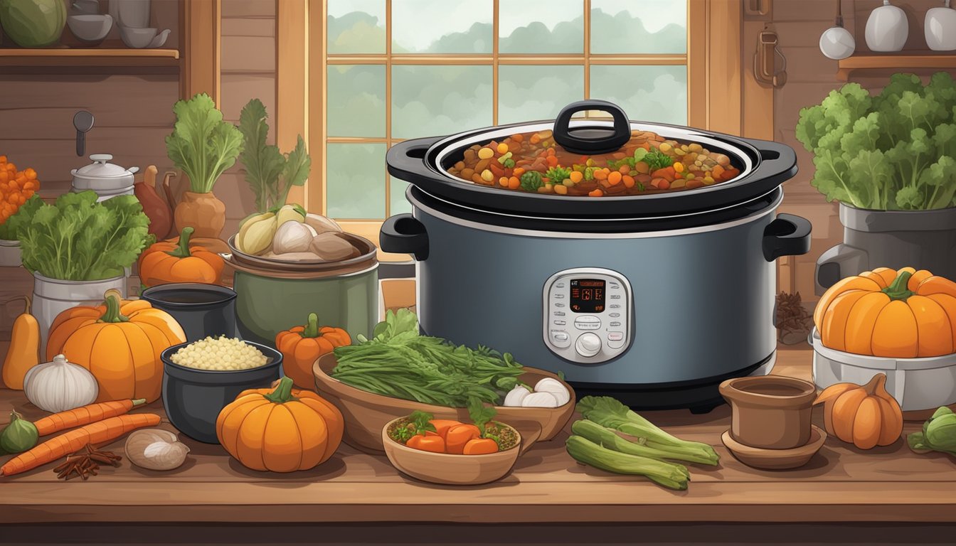 A rustic Texan kitchen with a bubbling slow cooker and steaming instant pot, surrounded by autumn vegetables and spices