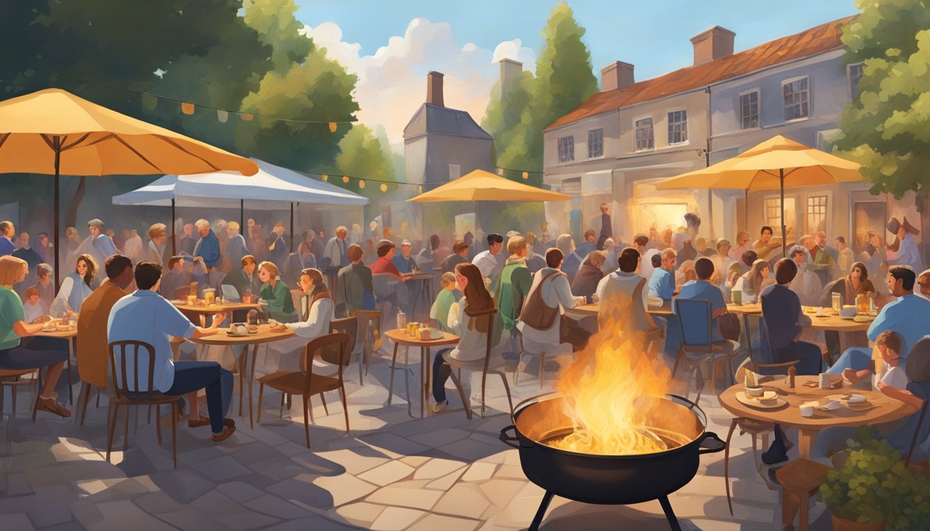 A lively outdoor scene with a large pot boiling over an open flame, surrounded by tables and chairs, with people enjoying the food and live music