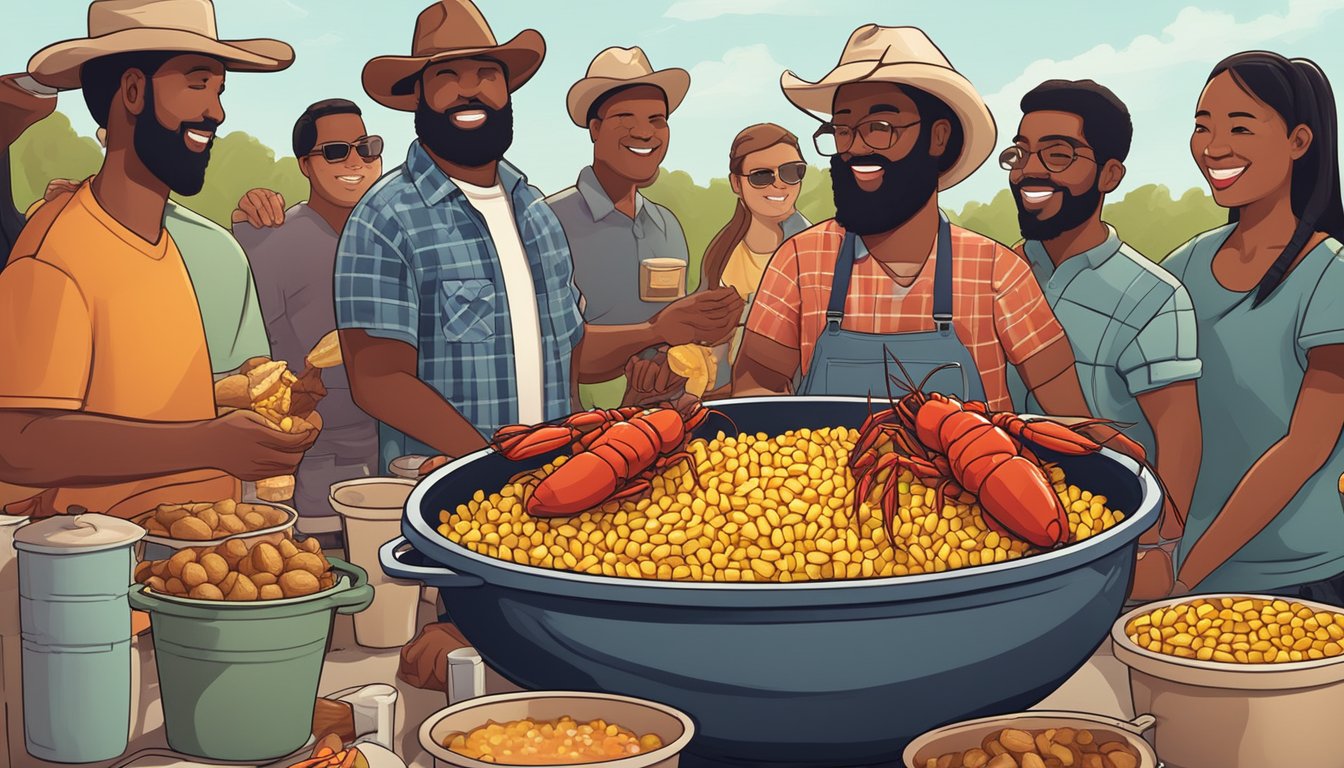 A large pot filled with boiling water, corn on the cob, potatoes, and spicy crawfish, surrounded by a group of friends enjoying a Texas-style crawfish boil