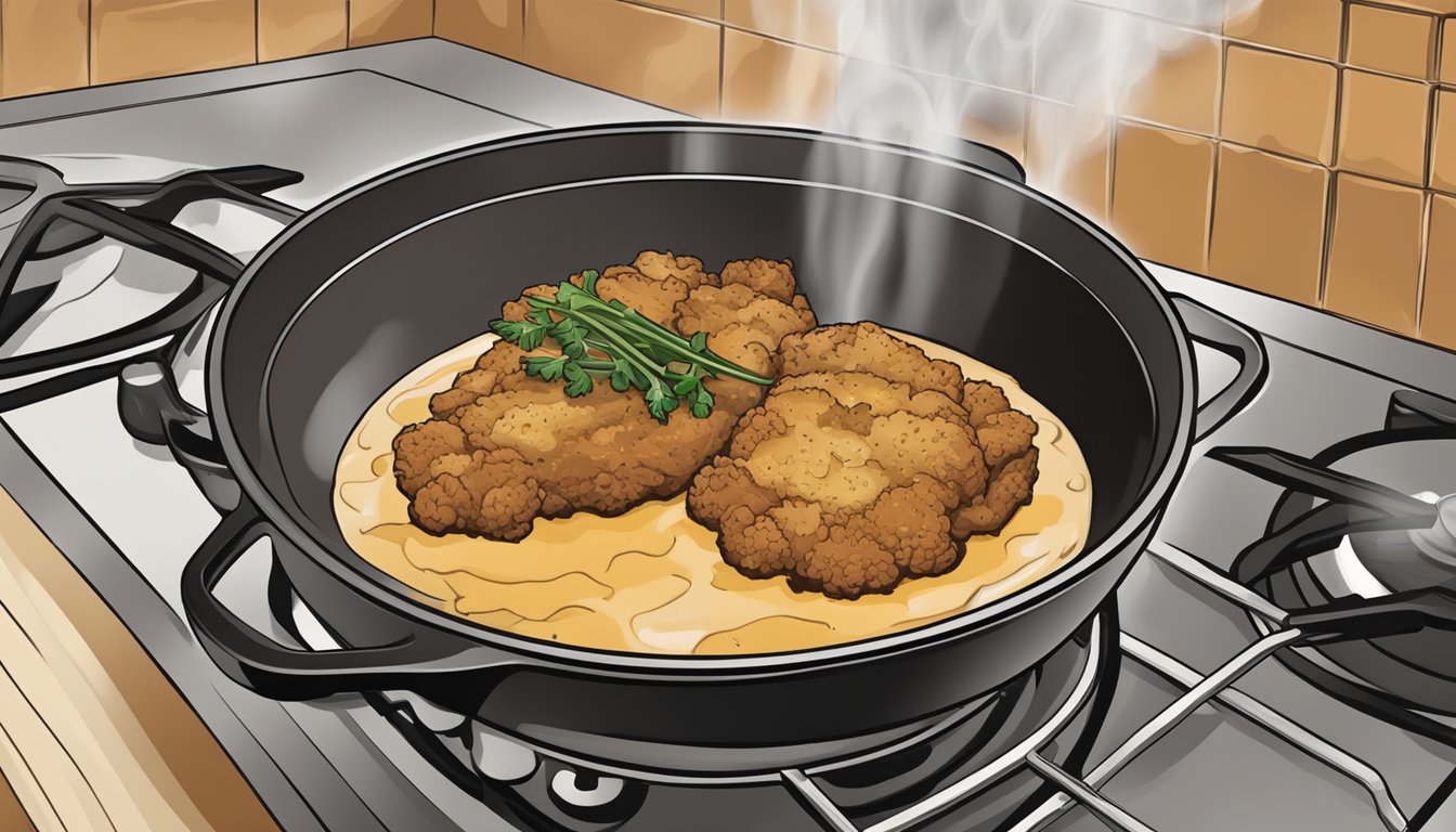 A bubbling pot of traditional gravy simmers on the stove as a golden, crispy chicken fried steak sizzles in a cast iron skillet