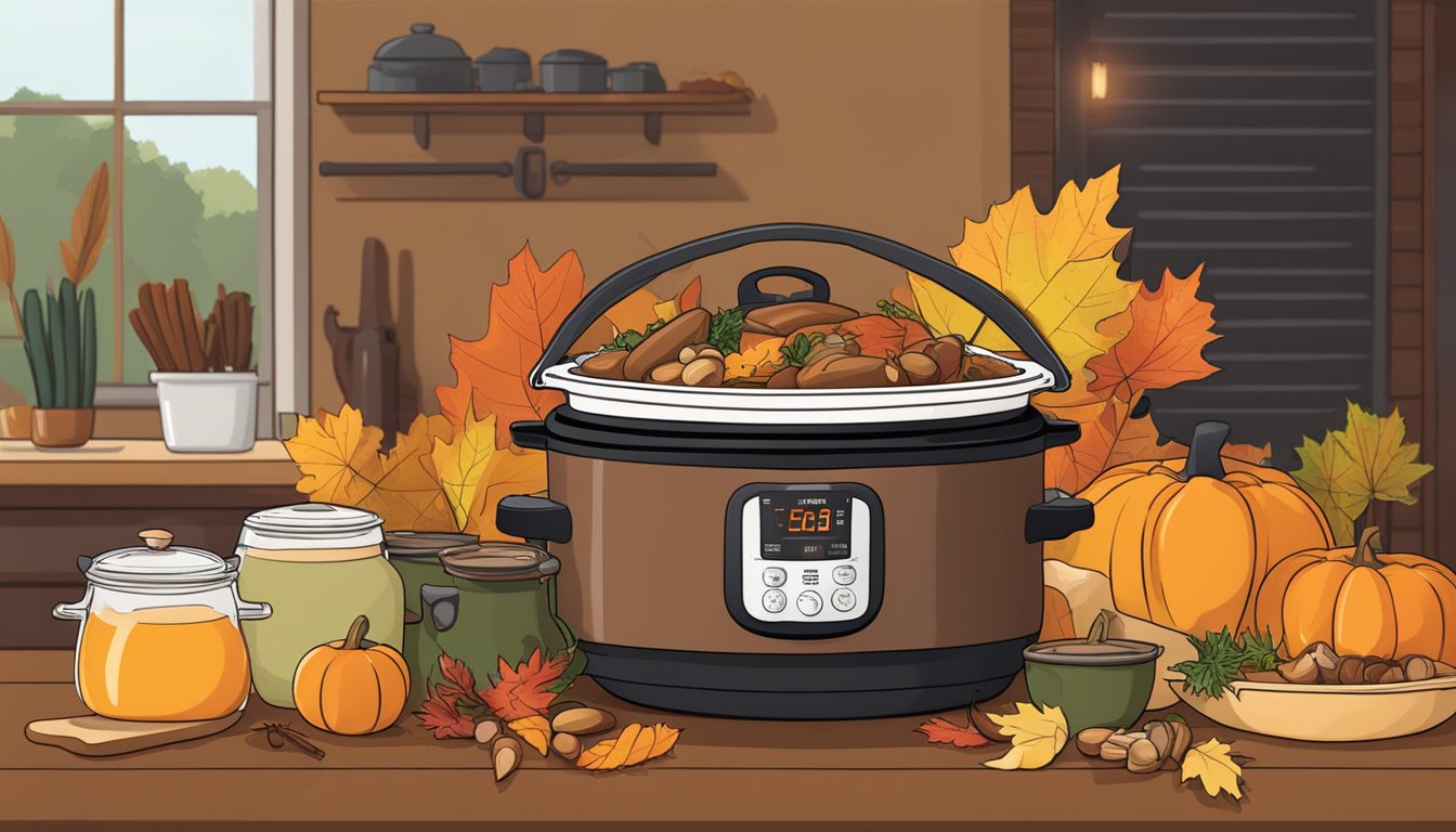 A rustic Texan fall feast, with a slow cooker and instant pot surrounded by autumn foliage and warm lighting