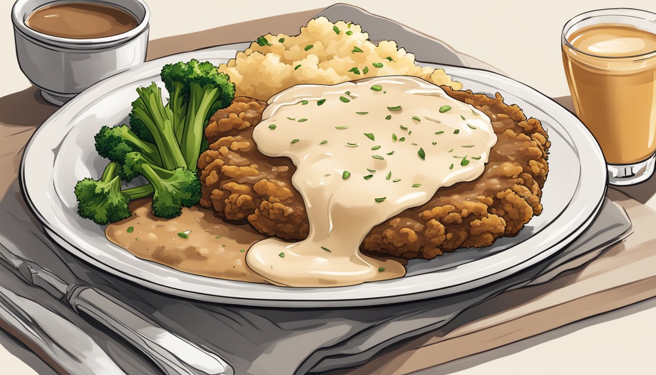 A sizzling chicken fried steak on a plate with a side of creamy mashed potatoes and a generous drizzle of rich, savory gravy