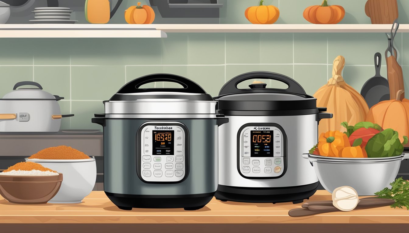 A kitchen counter with a slow cooker and instant pot surrounded by ingredients and utensils, with a cozy fall Texan backdrop