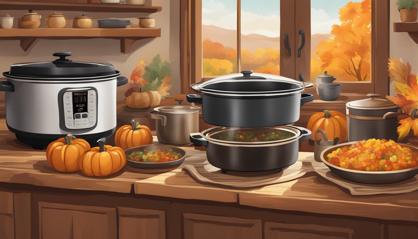 A rustic Texan kitchen filled with bubbling slow cookers and steaming instant pots, surrounded by the warm colors of fall foliage