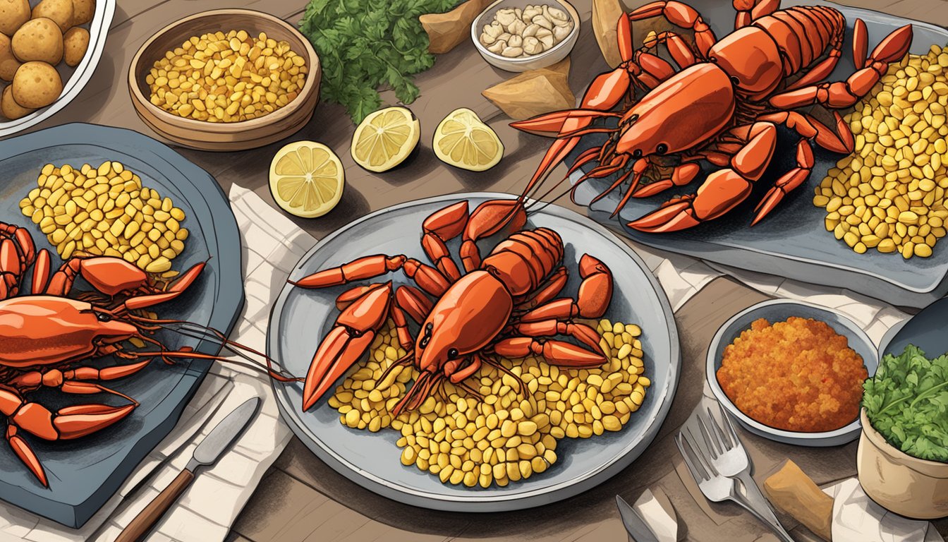 A table spread with plates of steaming crawfish, corn, and potatoes, with a sign displaying nutritional and allergen information