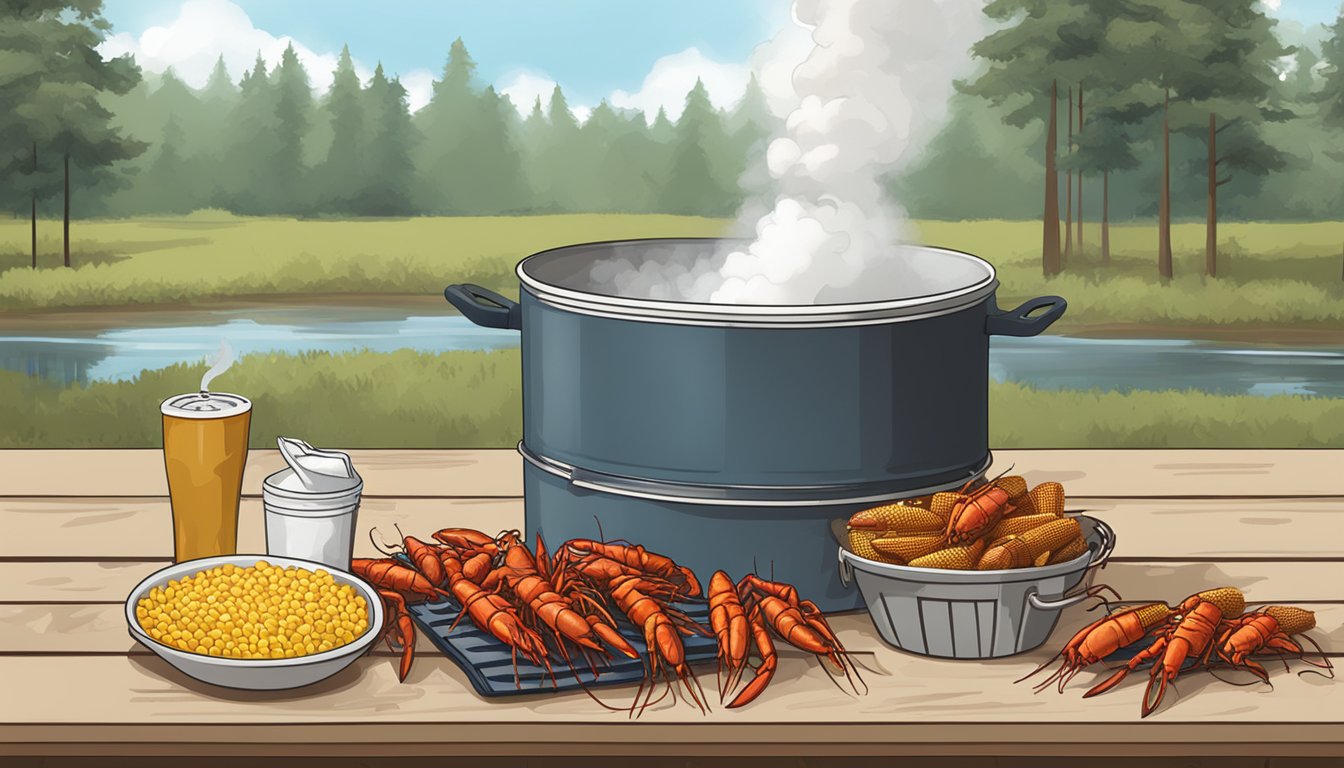 Steam rising from a pot of boiled crawfish, scattered shells, and discarded corn cobs on a picnic table next to a cooler and a stack of paper towels