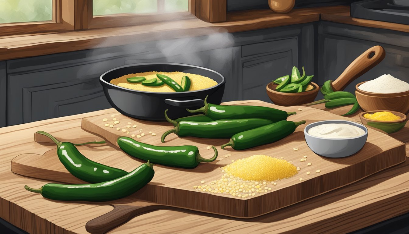 A rustic kitchen scene with a wooden cutting board, fresh jalapeños, cornmeal, buttermilk, and a cast-iron skillet