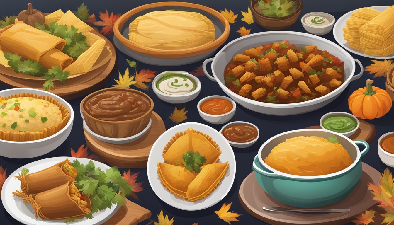 A festive Thanksgiving table with Tex-Mex tamales alongside traditional dishes, blending flavors and colors in a vibrant fusion