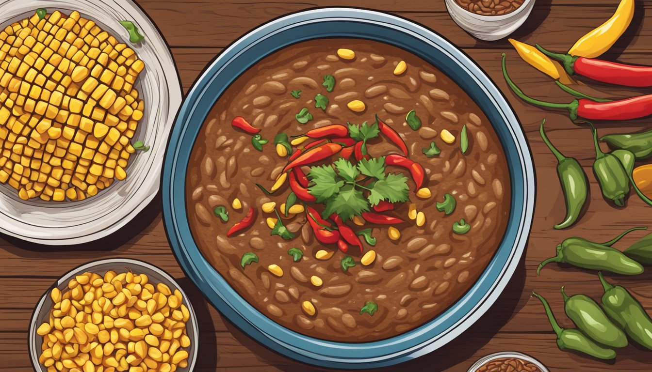 A rustic wooden table with a bowl of steaming Texas-style refried beans, surrounded by colorful chili peppers and corn husks