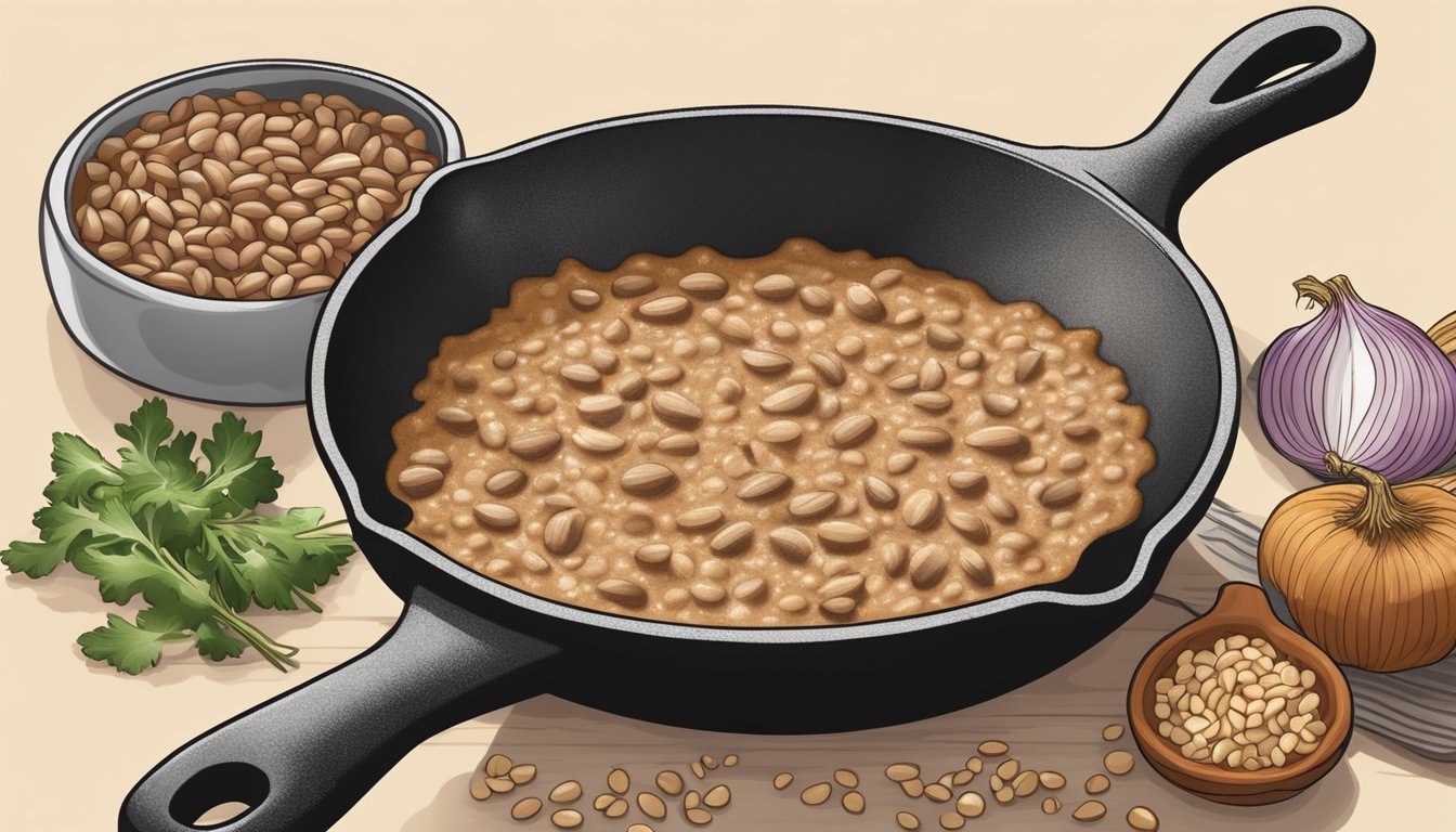 A cast iron skillet sizzling with onions, garlic, and pinto beans being mashed into creamy refried beans, with a hint of cumin and chili powder