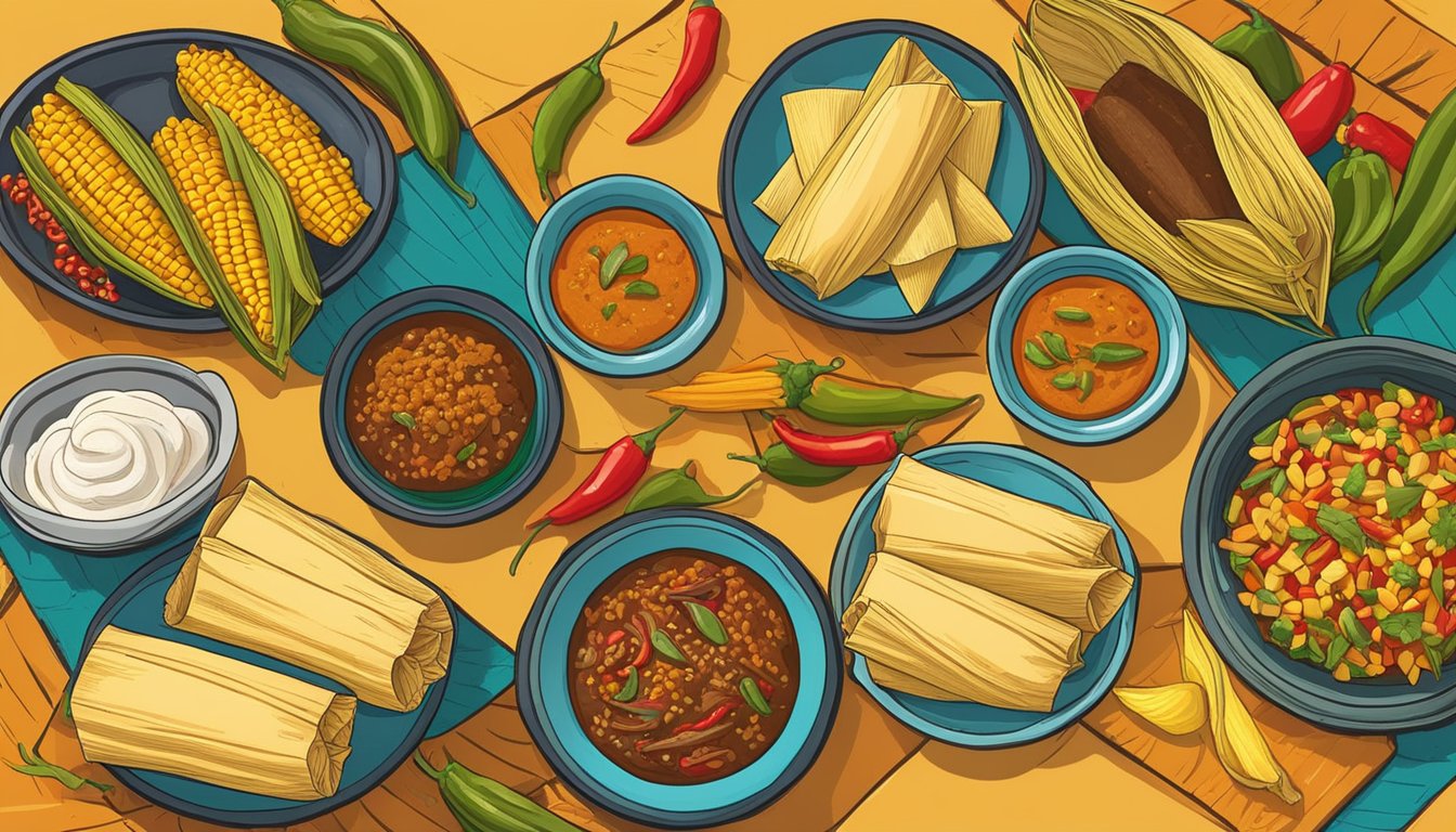 A table set with colorful tamales, surrounded by local Tex-Mex ingredients like corn, chilies, and spices. The fusion of flavors is evident in the vibrant and diverse spread