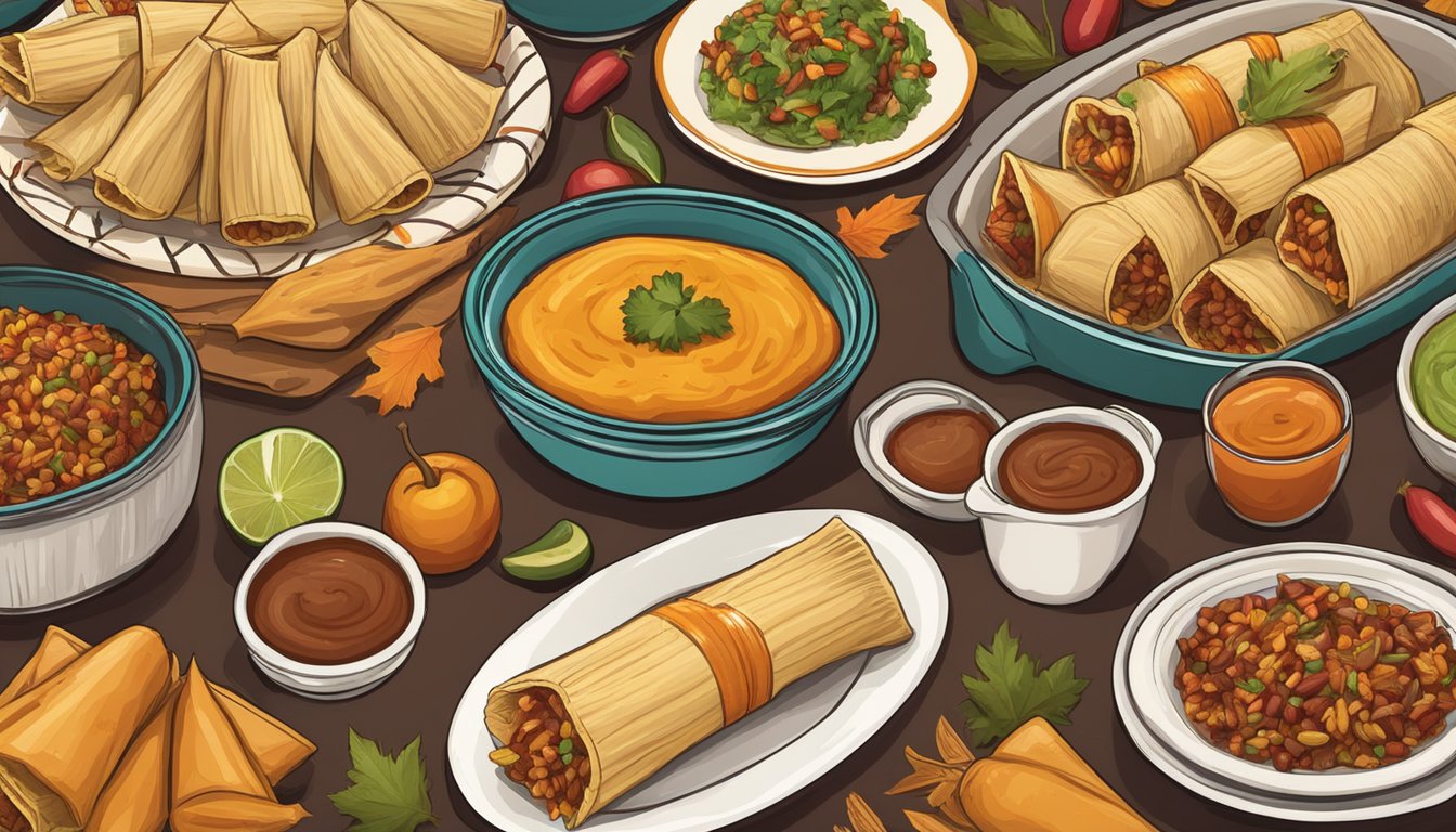 A table spread with Tex-Mex Thanksgiving tamales, blending traditional and fusion flavors in a vibrant feast