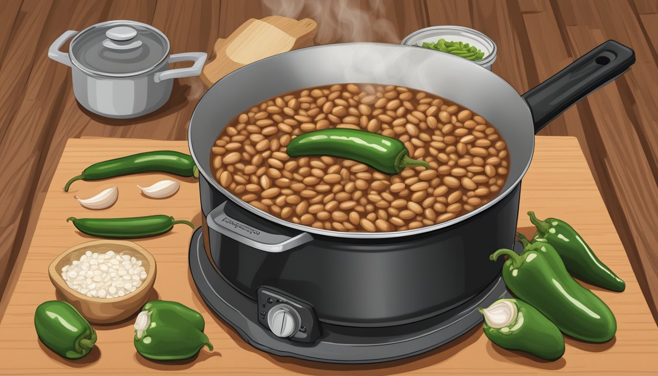 A large pot of pinto beans simmers on a stove, surrounded by chopped onions, garlic, and jalapenos. A wooden spoon stirs the mixture as it thickens