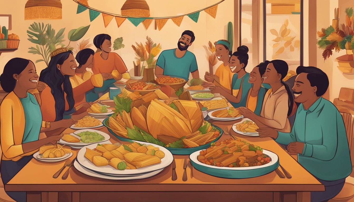 A festive table adorned with tex mex thanksgiving tamales, surrounded by joyful faces expressing gratitude and a sense of community