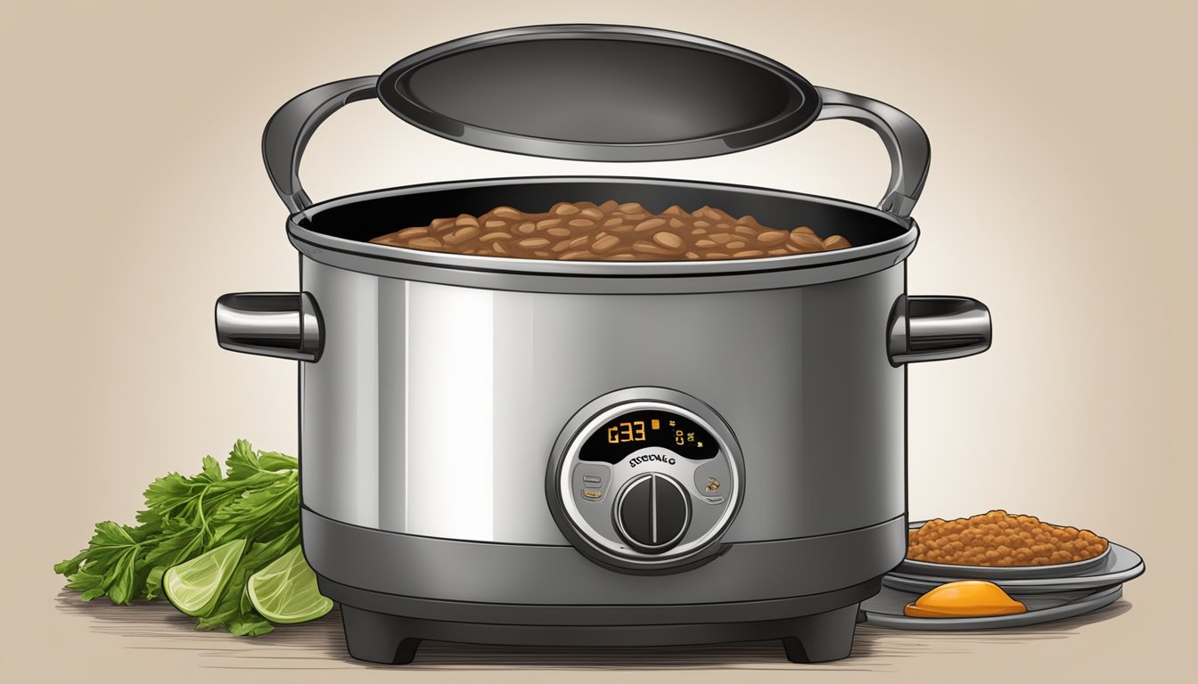 A steaming pot of Texas-style refried beans, seasoned with savory spices and simmering on a stovetop