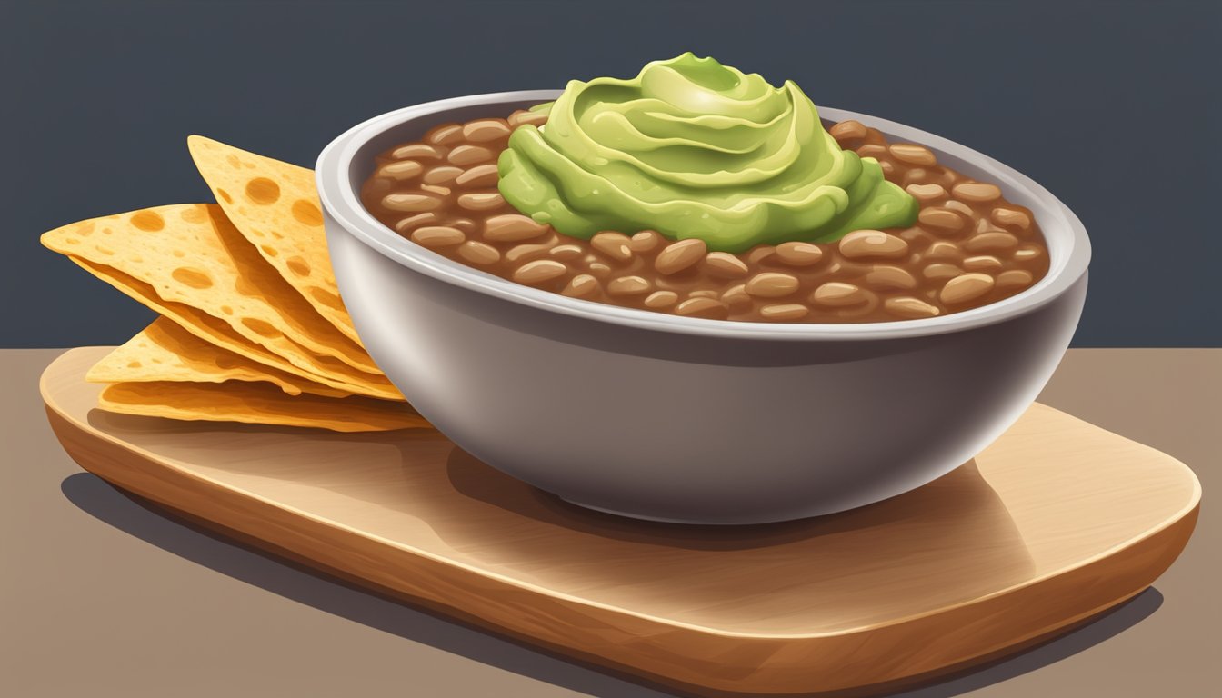 A steaming bowl of Texas-style refried beans with a side of warm tortillas and a dollop of creamy guacamole