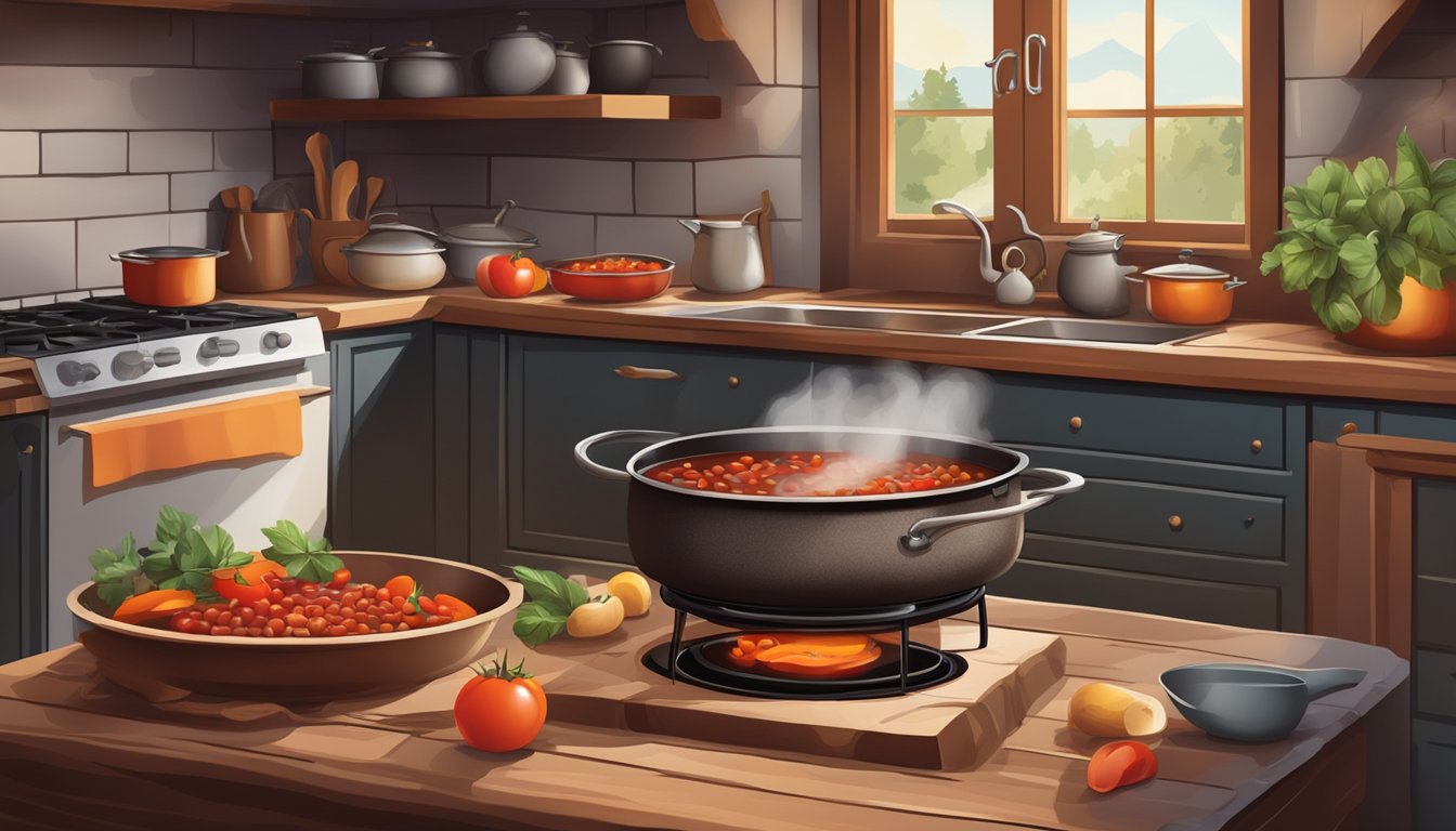 A rustic kitchen with a pot simmering on a stove, filled with chunks of elk meat, tomatoes, beans, and aromatic spices