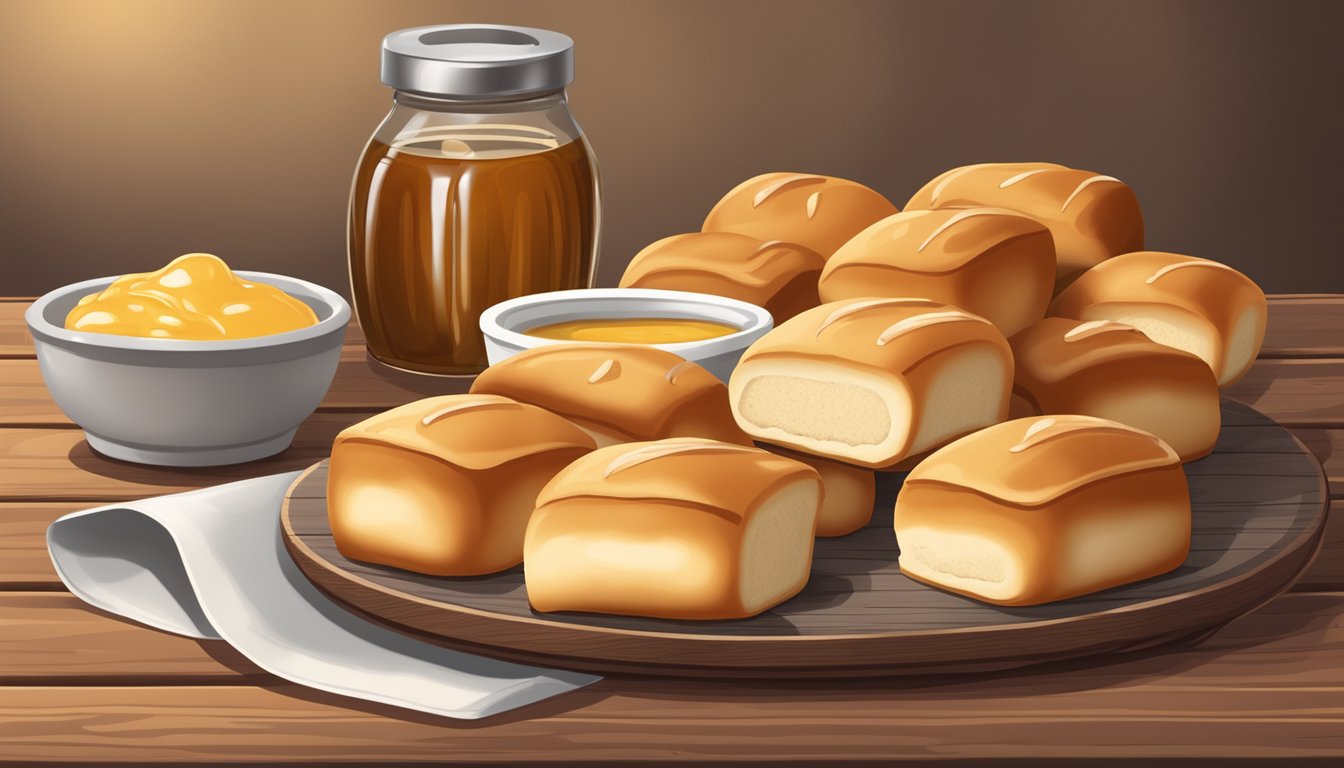 A basket of freshly baked Texas Roadhouse rolls on a wooden table, with a dollop of melting cinnamon honey butter on the side