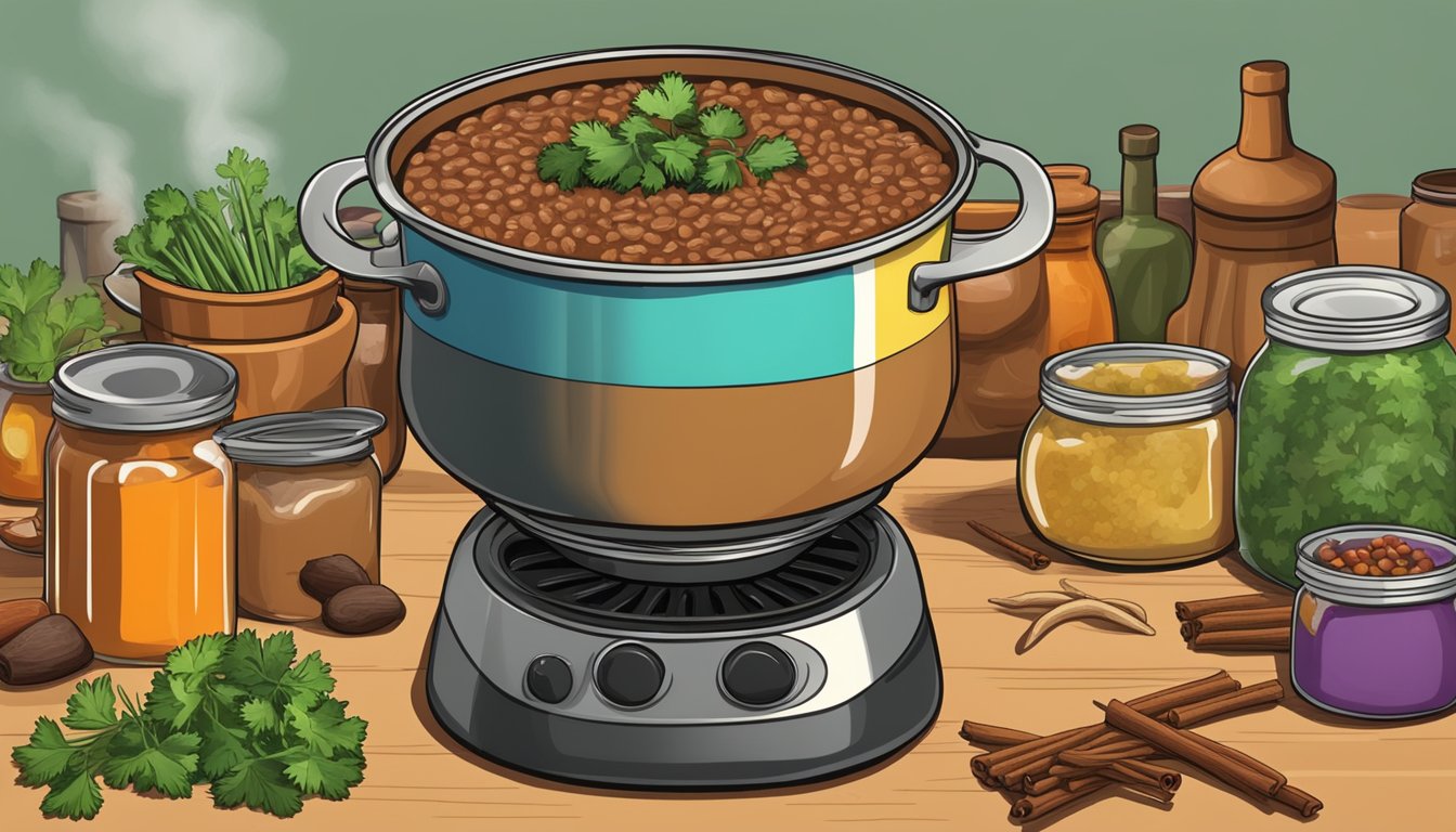 A steaming pot of Texas-style refried beans simmering on a stovetop, surrounded by colorful jars of spices and fresh cilantro