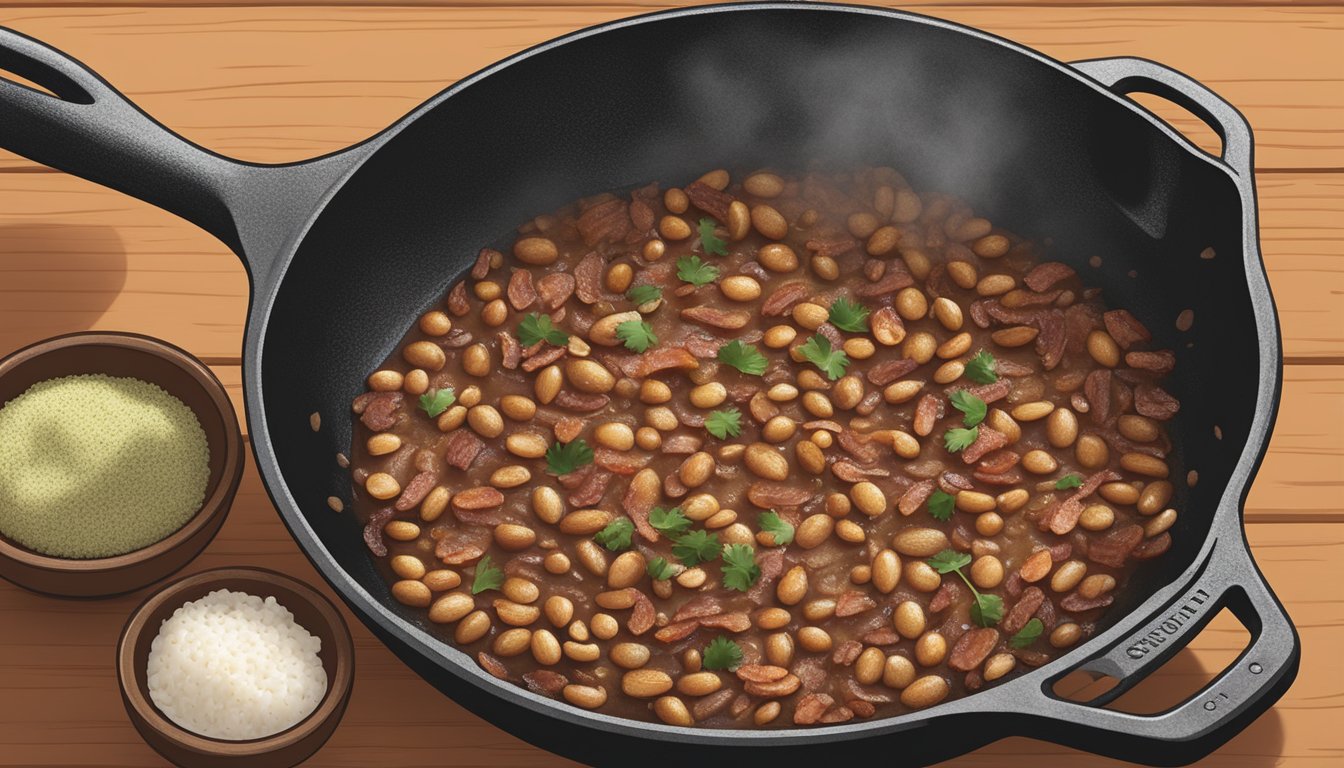 A cast iron skillet sizzling with bacon fat, onions, and pinto beans, while a wooden spoon stirs in cumin and chili powder