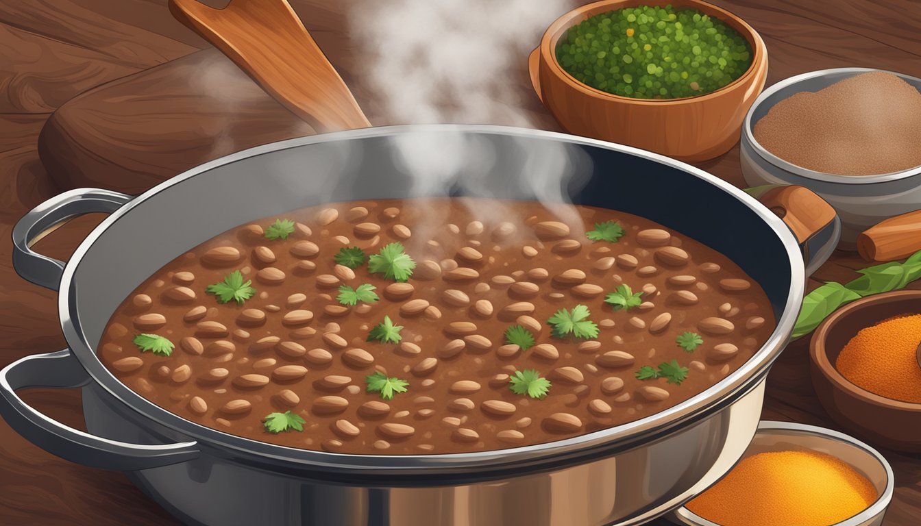 A steaming pot of Texas-style refried beans sizzling on a stovetop, surrounded by colorful spices and a wooden spoon