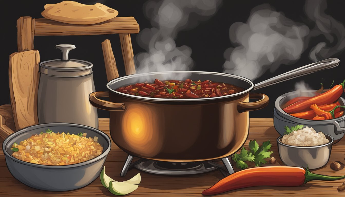 A steaming pot of Texas-style elk chili simmers over an open flame, surrounded by rustic cookware and freshly chopped ingredients