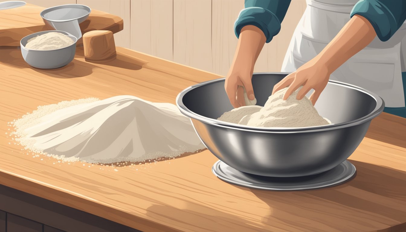 A pair of hands kneading dough in a stainless steel mixing bowl. Flour and a rolling pin sit nearby on a wooden countertop