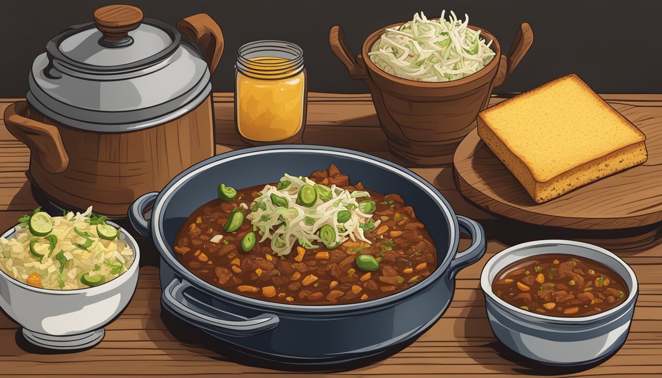 A rustic wooden table set with cornbread, coleslaw, and pickled jalapenos alongside a steaming pot of Texas-style elk chili