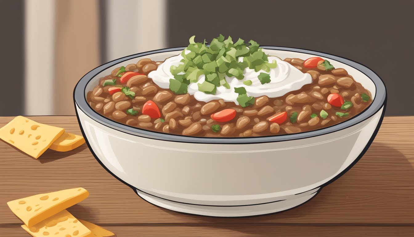 A steaming bowl of Texas-style refried beans topped with diced tomatoes, shredded cheese, and a dollop of sour cream