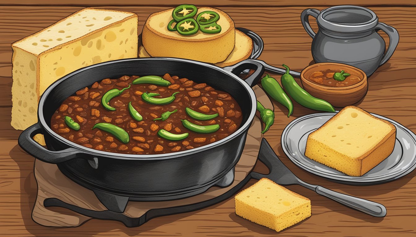 A rustic wooden table with a steaming pot of elk chili, surrounded by cornbread, sliced jalapenos, and a cast-iron skillet