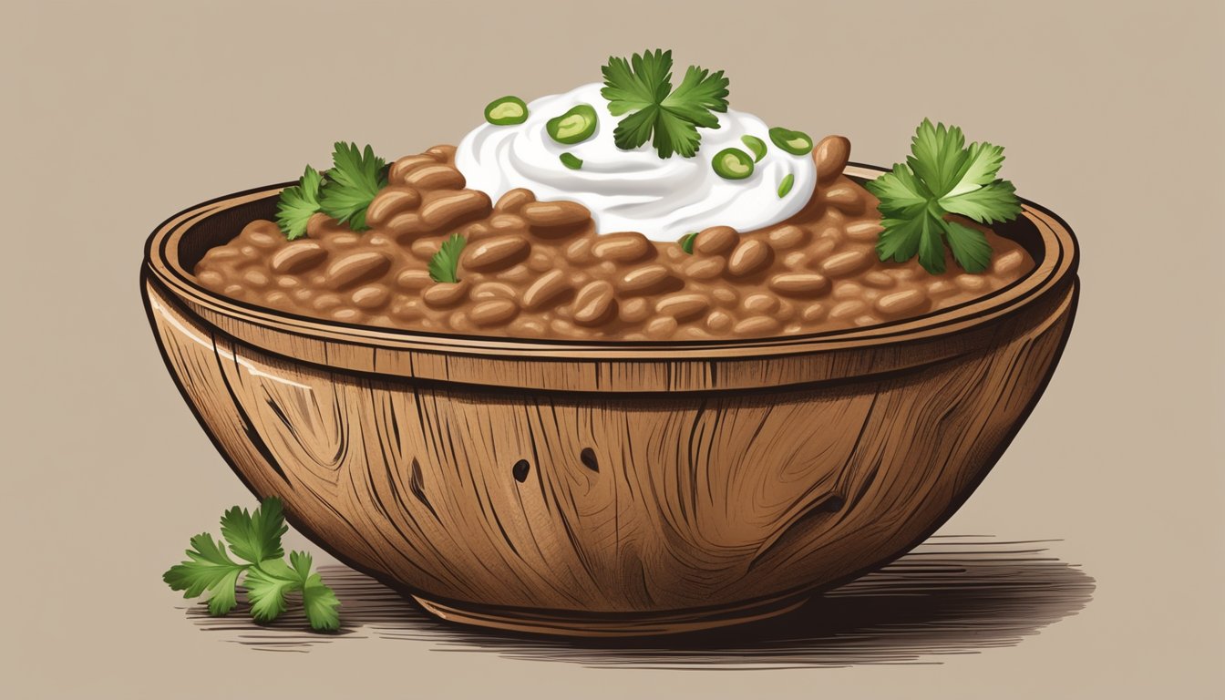 A rustic wooden bowl filled with Texas-style refried beans, topped with a dollop of sour cream and a sprinkle of chopped cilantro