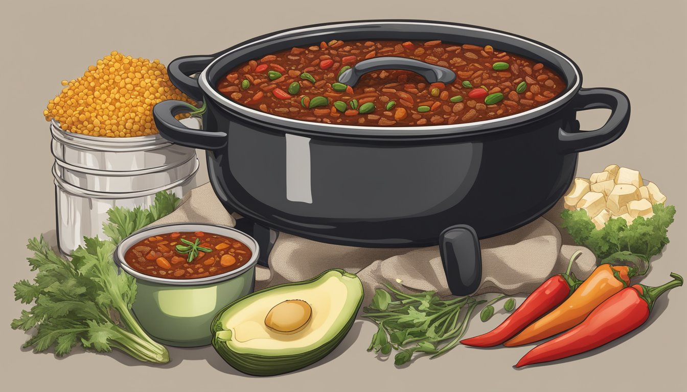 A steaming pot of Texas-style elk chili surrounded by fresh ingredients and a nutrition label