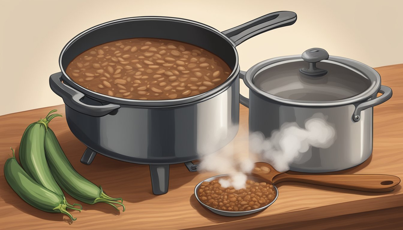 A pot of Texas-style refried beans simmers on a stovetop. A wooden spoon rests beside it, steam rising from the rich, savory mixture