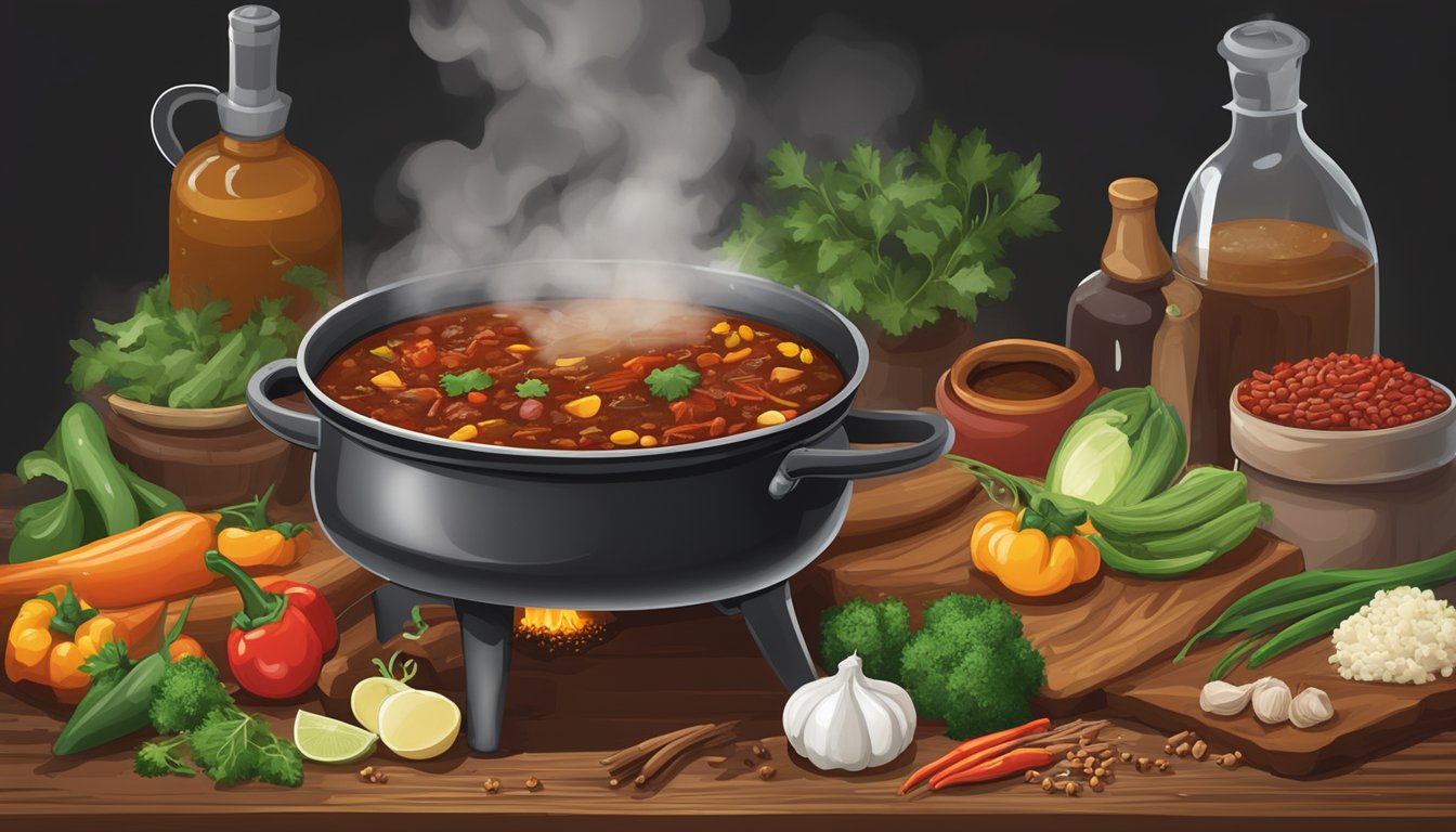 A steaming pot of Texas style elk chili simmers on a rustic wooden stove, surrounded by an array of fresh ingredients and spices